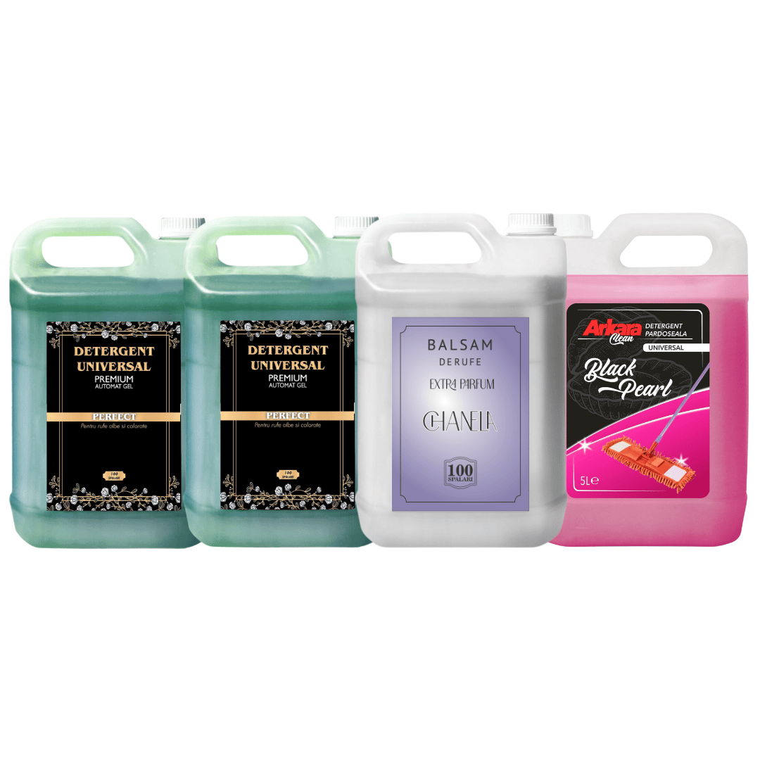 Pachet 2x Detergent Universal Premium Automat Gel- 10L + 1x Balsam de rufe 5L Extra Parfum Chanela+ 1x Detergent Pardoseala Black Pearl 5L