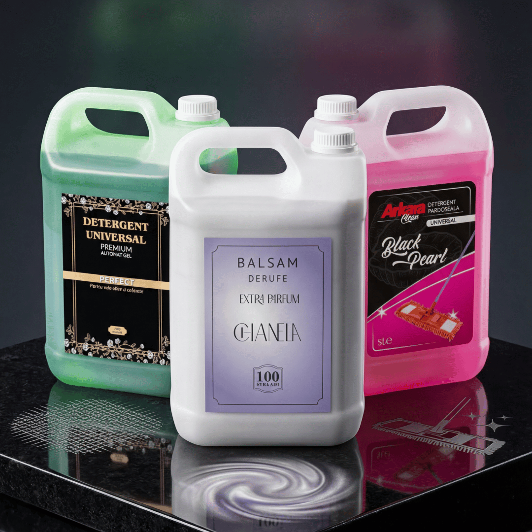Pachet 1x Detergent Profesional Premium Automat Gel + 1x Balsam rufe premium Arkara Chanel, 5L + 1x Detergent Pardoseala Black Pearl 5L