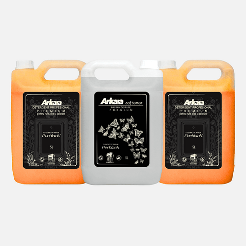 Pachet 2x Detergent rufe Premium Arkara Perblack, 10L + 1x Balsam rufe premium Arkara Perblack, 5L