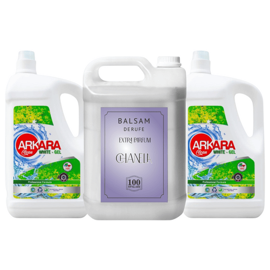 Pachet 2x Detergent Arkara Clean White Gel 5L + 1x Balsam rufe premium Chanela, 5L